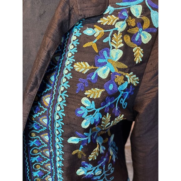 Handcrafted Black Sheer - 100% Silk Open-Front Jacket S Floral Embroidery Dressy - Picture 2 of 8